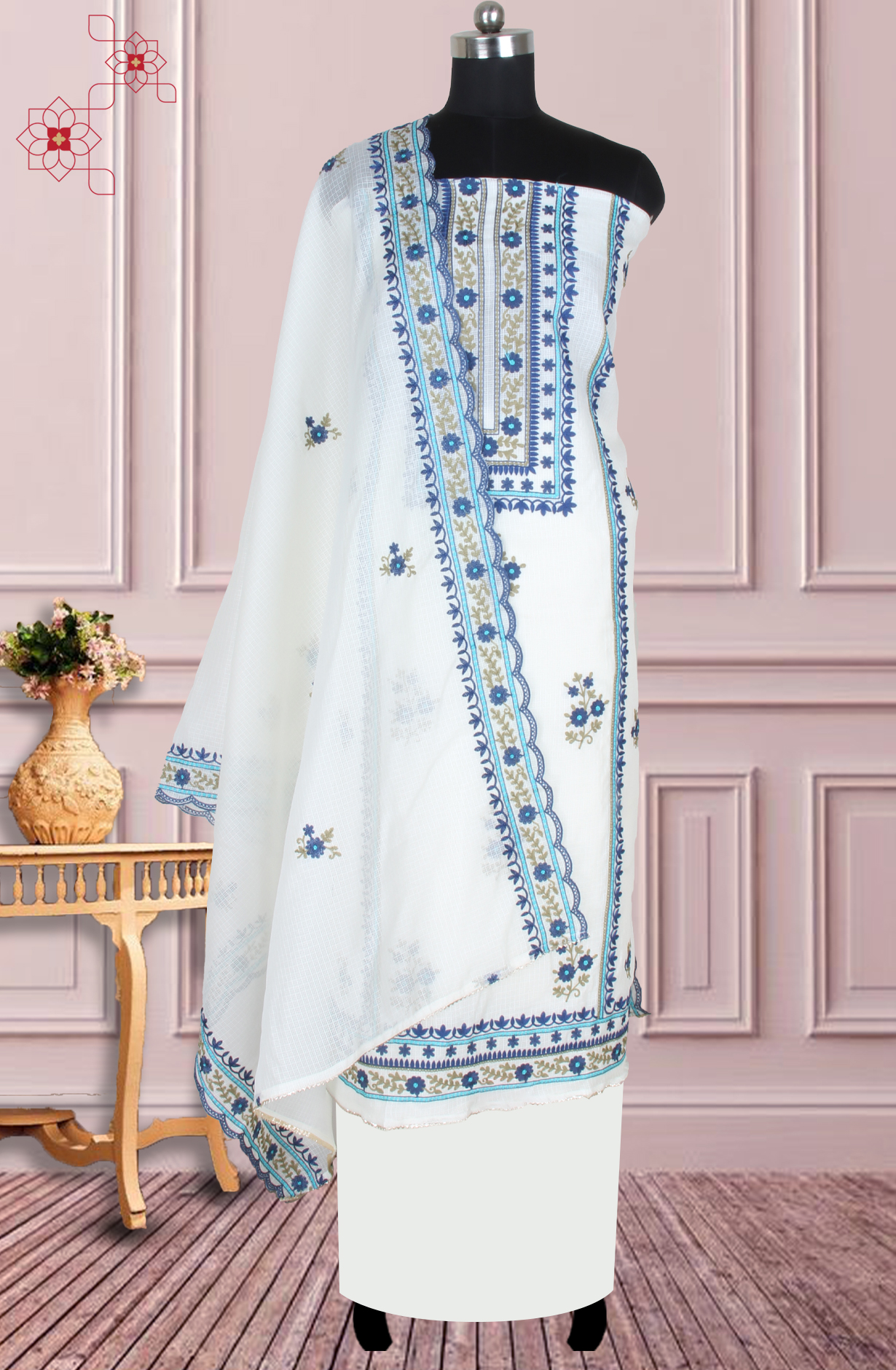 White Kota Unstitched Embroidery Suit with Trendy Dupatta - 944-3982