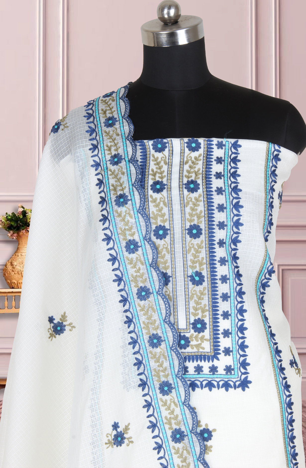 White Kota Unstitched Embroidery Suit with Trendy Dupatta - 944-3982