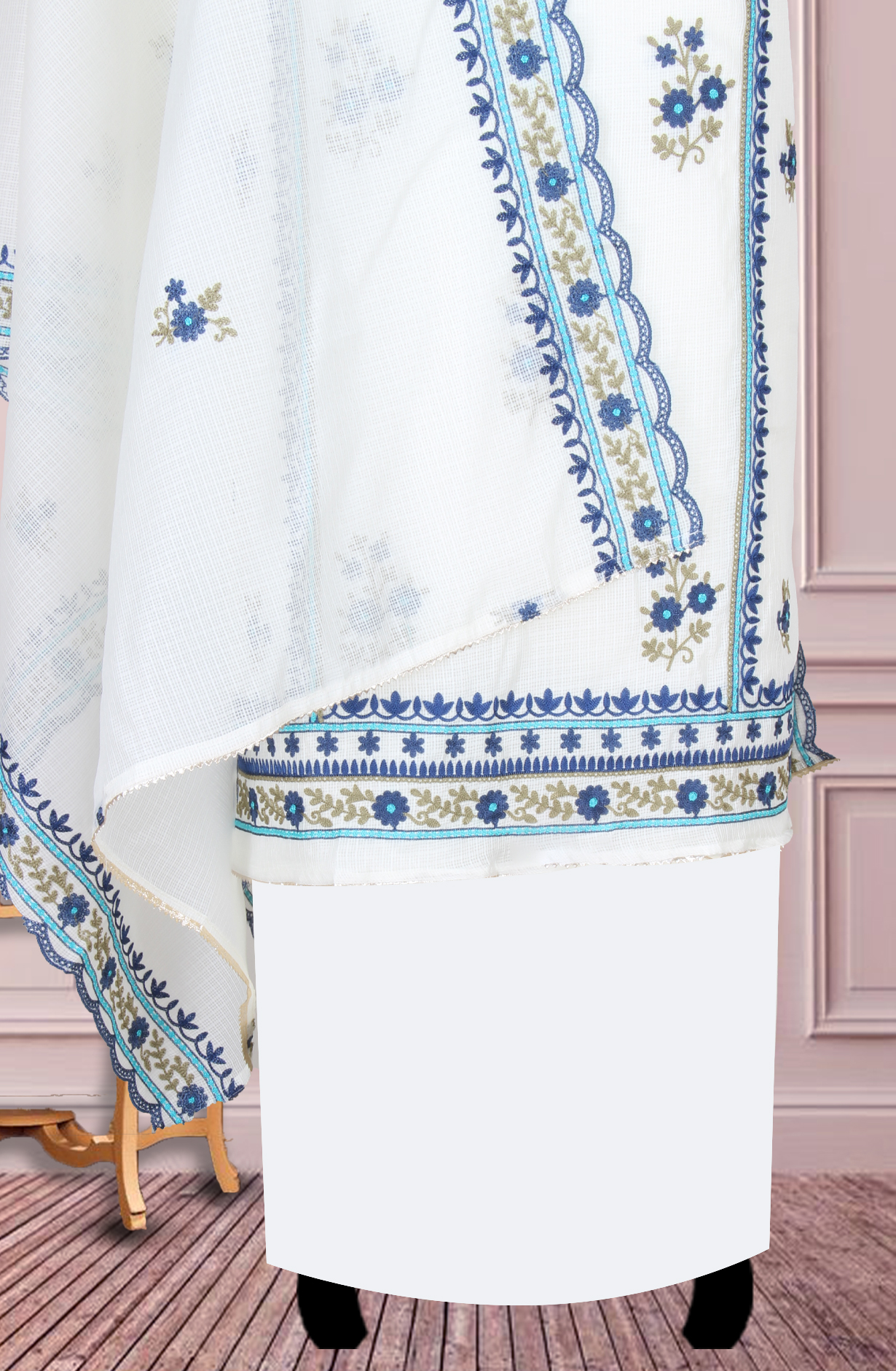 White Kota Unstitched Embroidery Suit with Trendy Dupatta - 944-3982