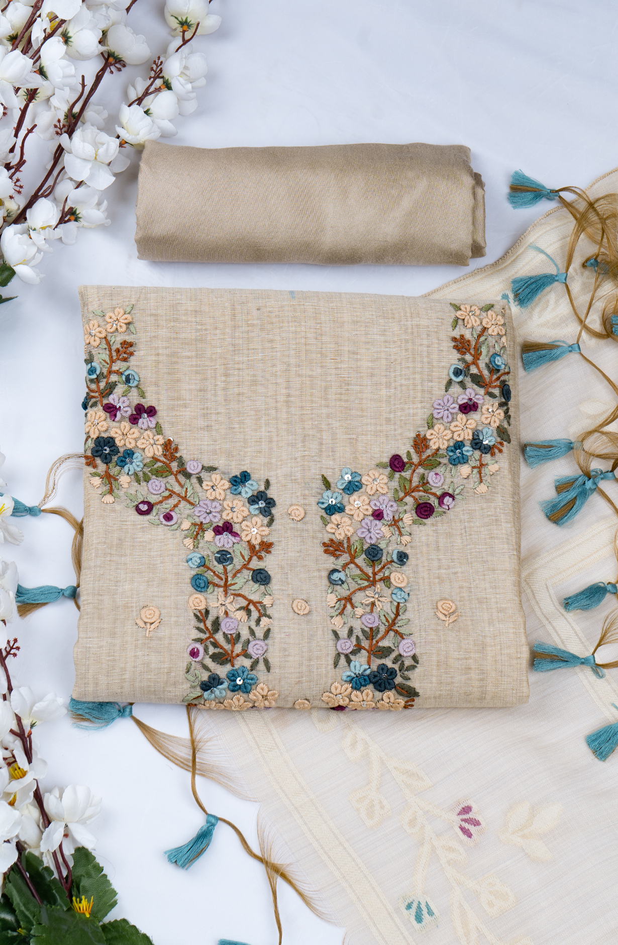 Fawn Jamdani Suit Set with Dupatta - 944-5395