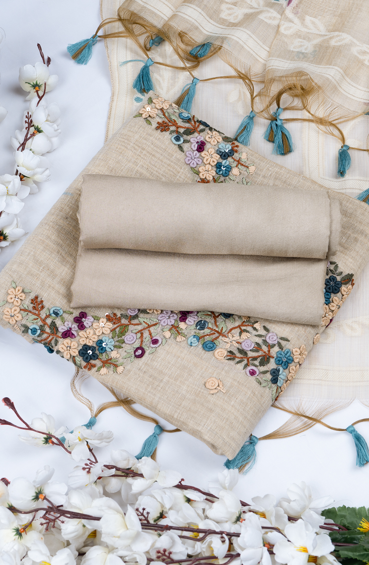 Fawn Jamdani Suit Set with Dupatta - 944-5395