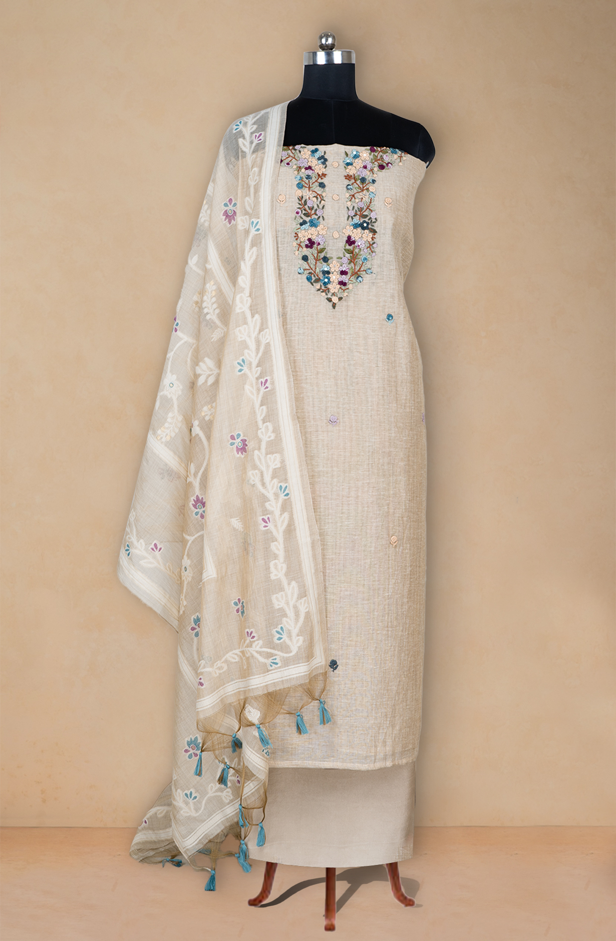 Fawn Jamdani Suit Set with Dupatta - 944-5395