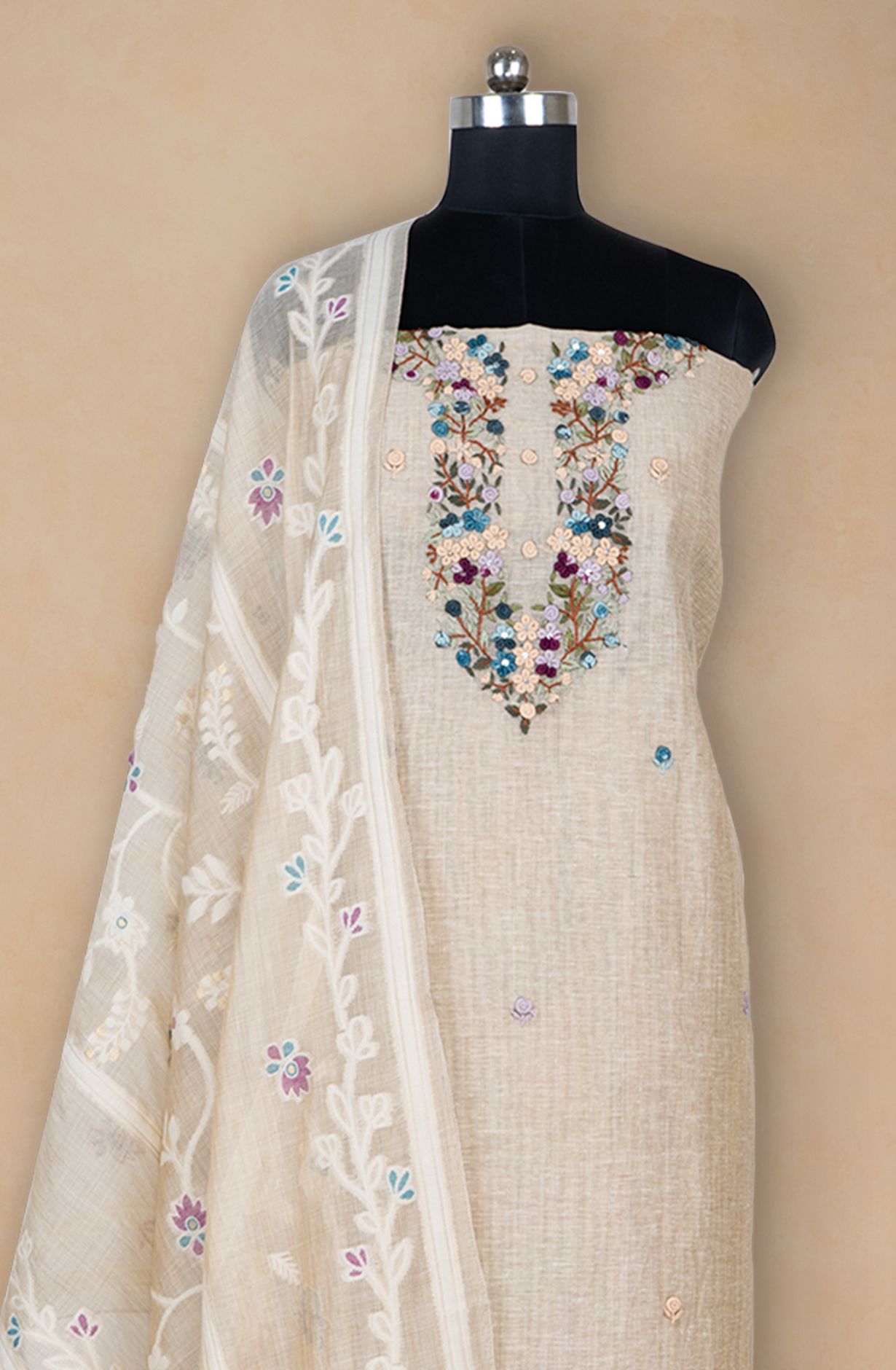 Fawn Jamdani Suit Set with Dupatta - 944-5395