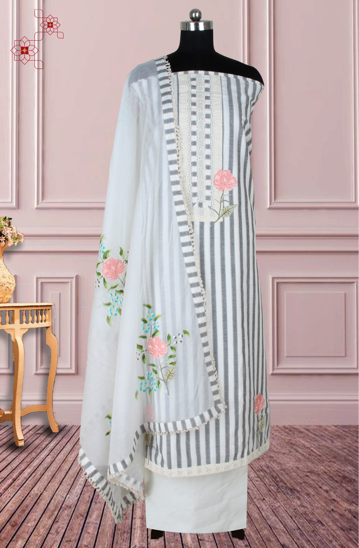 Off-white and Grey Cotton Embroidery Suit with Trendy Dupatta - 944-5550