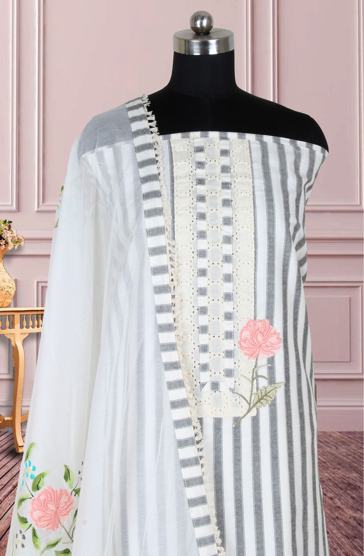 Off-white and Grey Cotton Embroidery Suit with Trendy Dupatta - 944-5550