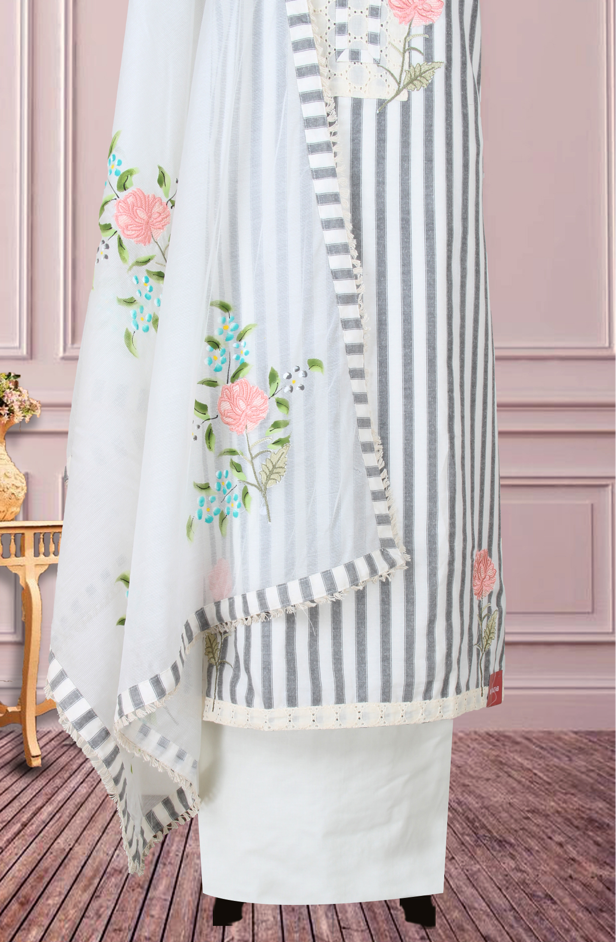 Off-white and Grey Cotton Embroidery Suit with Trendy Dupatta - 944-5550