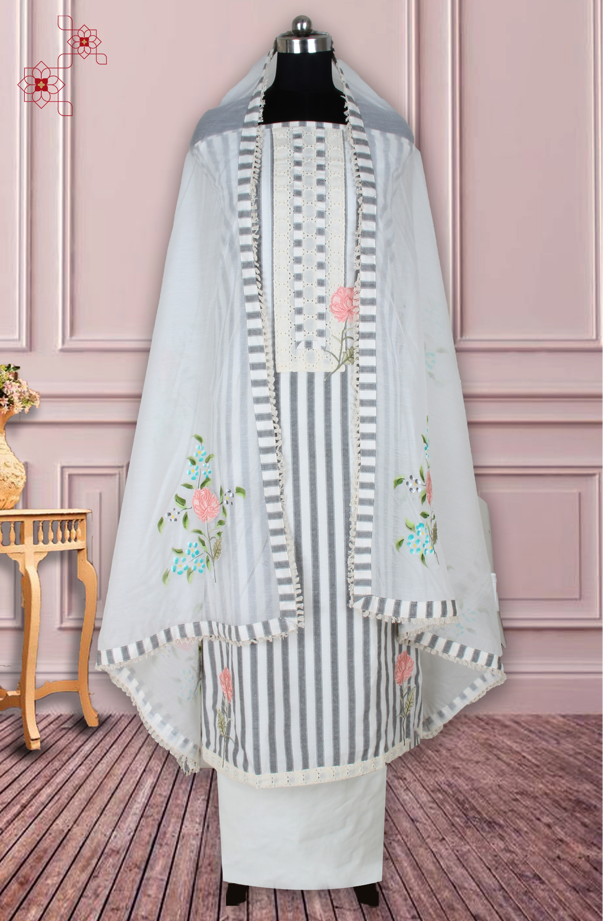 Off-white and Grey Cotton Embroidery Suit with Trendy Dupatta - 944-5550