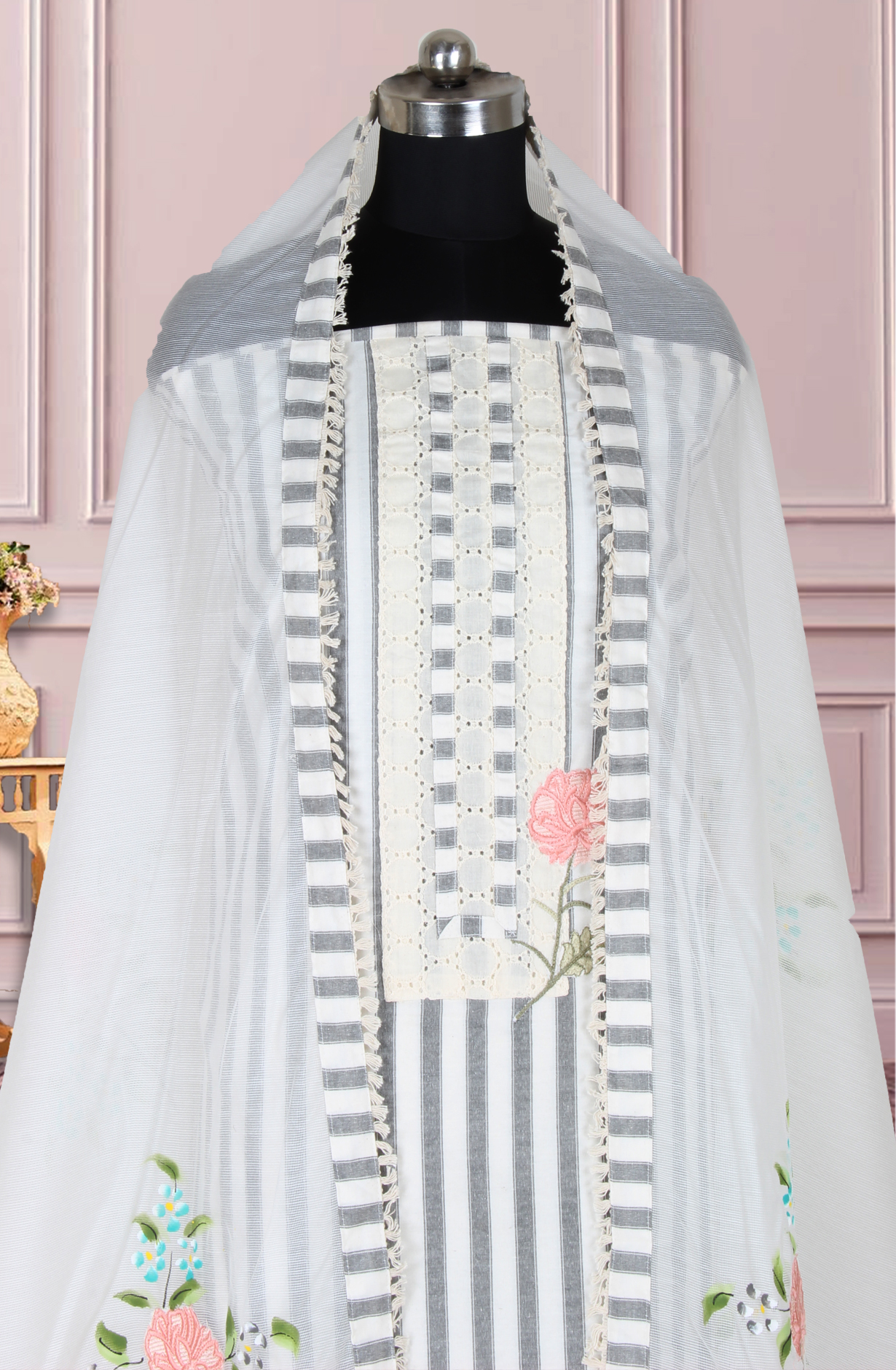 Off-white and Grey Cotton Embroidery Suit with Trendy Dupatta - 944-5550