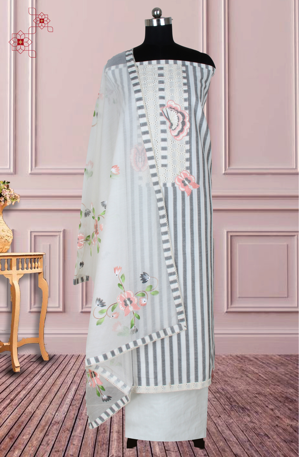 Off-white and Grey Cotton Embroidery Salwar Suit with Trendy Dupatta - 944-5690