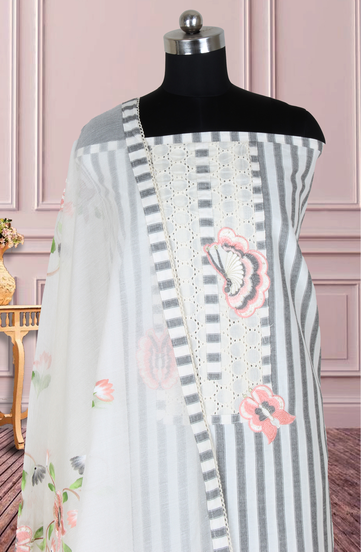 Off-white and Grey Cotton Embroidery Salwar Suit with Trendy Dupatta - 944-5690