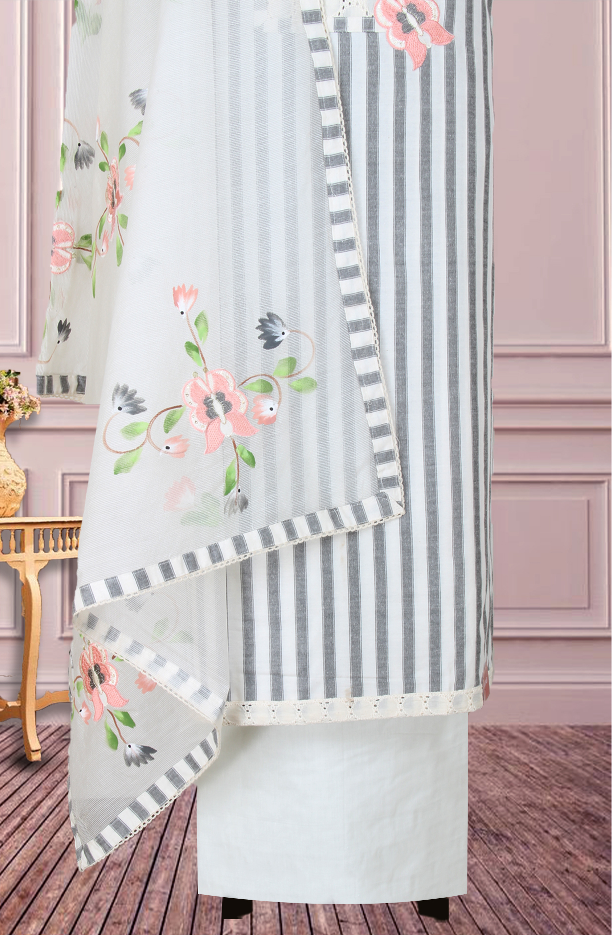 Off-white and Grey Cotton Embroidery Salwar Suit with Trendy Dupatta - 944-5690