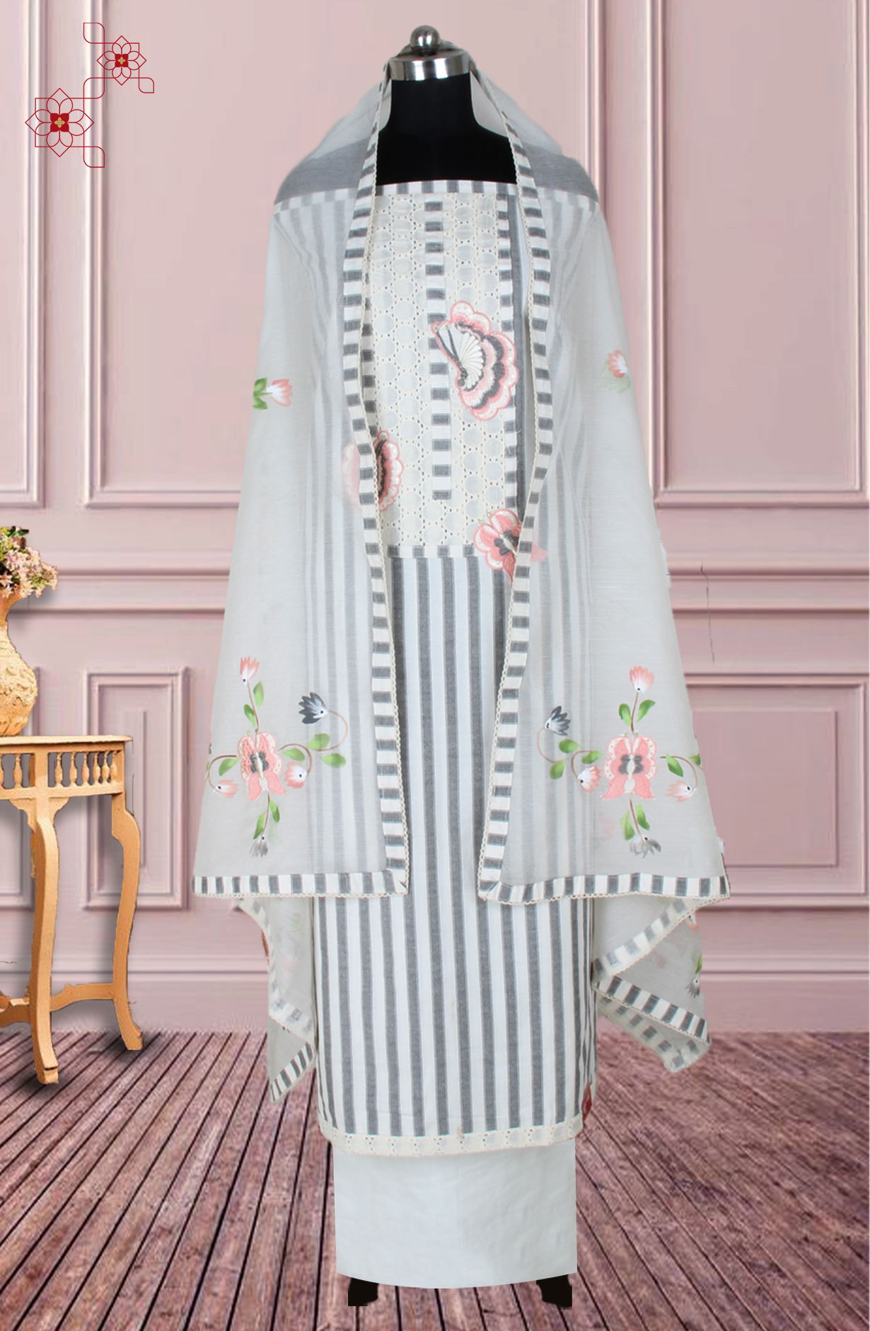 Off-white and Grey Cotton Embroidery Salwar Suit with Trendy Dupatta - 944-5690