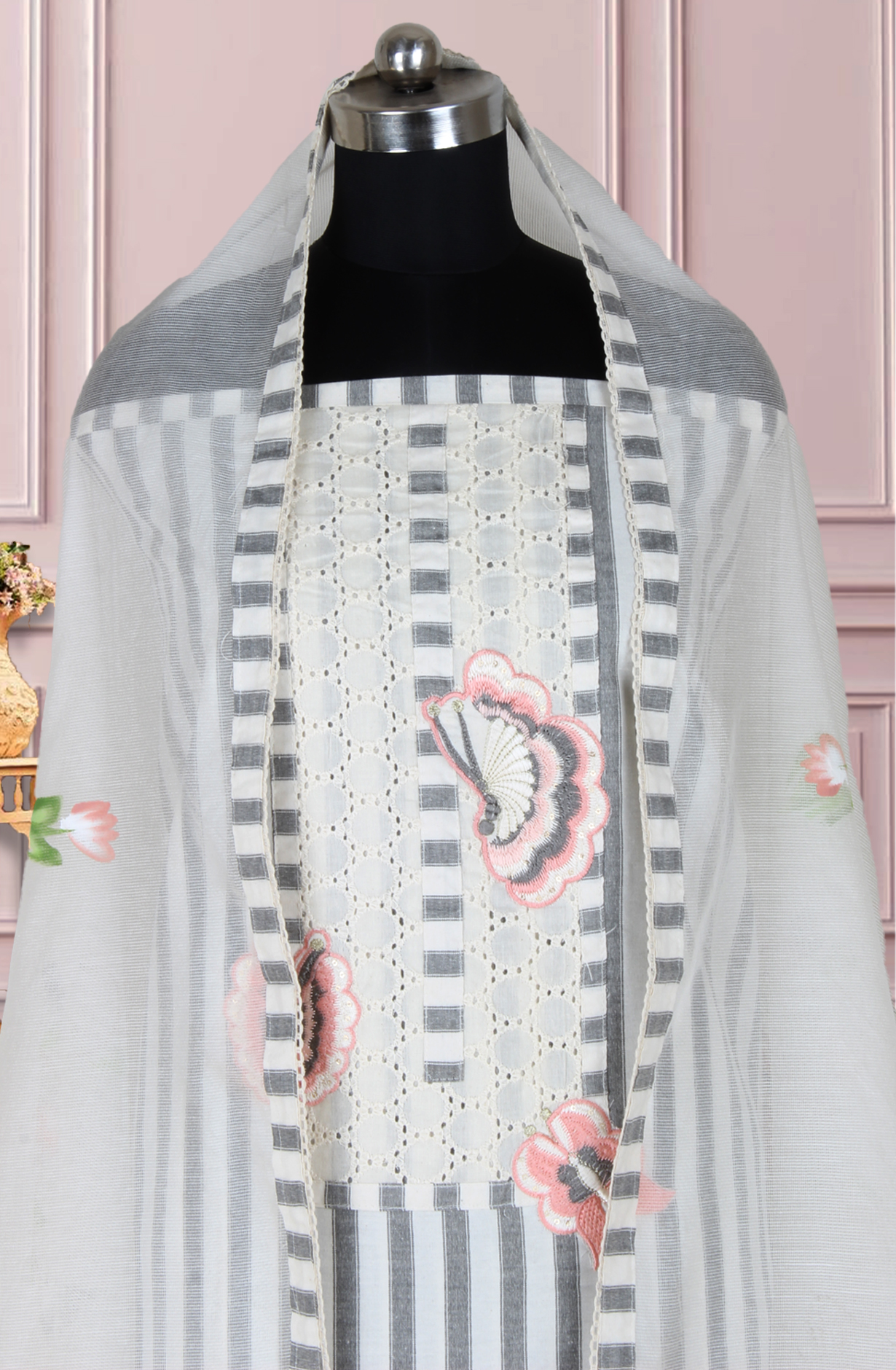 Off-white and Grey Cotton Embroidery Salwar Suit with Trendy Dupatta - 944-5690