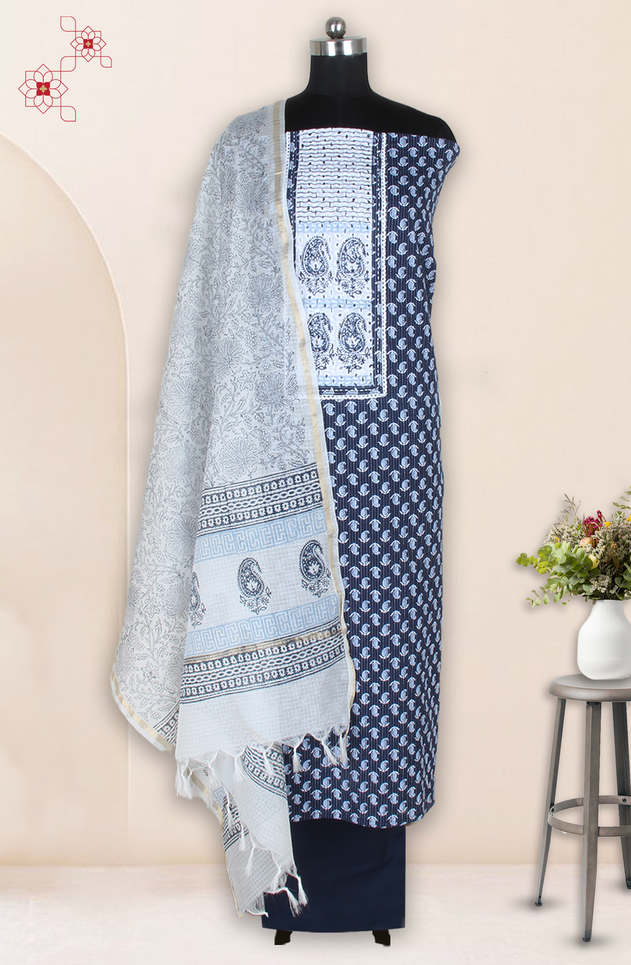 Blue Cotton Block Printed Unstitched Salwar Suit with Kota Dupatta - 944-5706