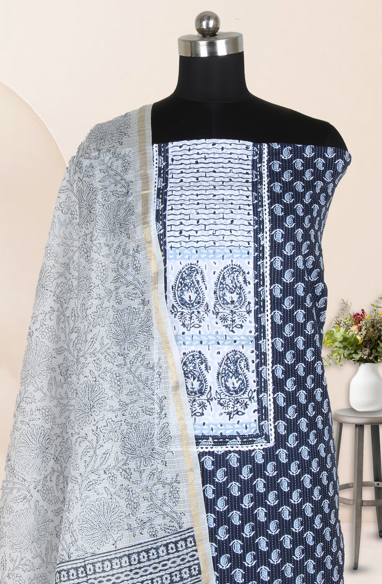 Blue Cotton Block Printed Unstitched Salwar Suit with Kota Dupatta - 944-5706