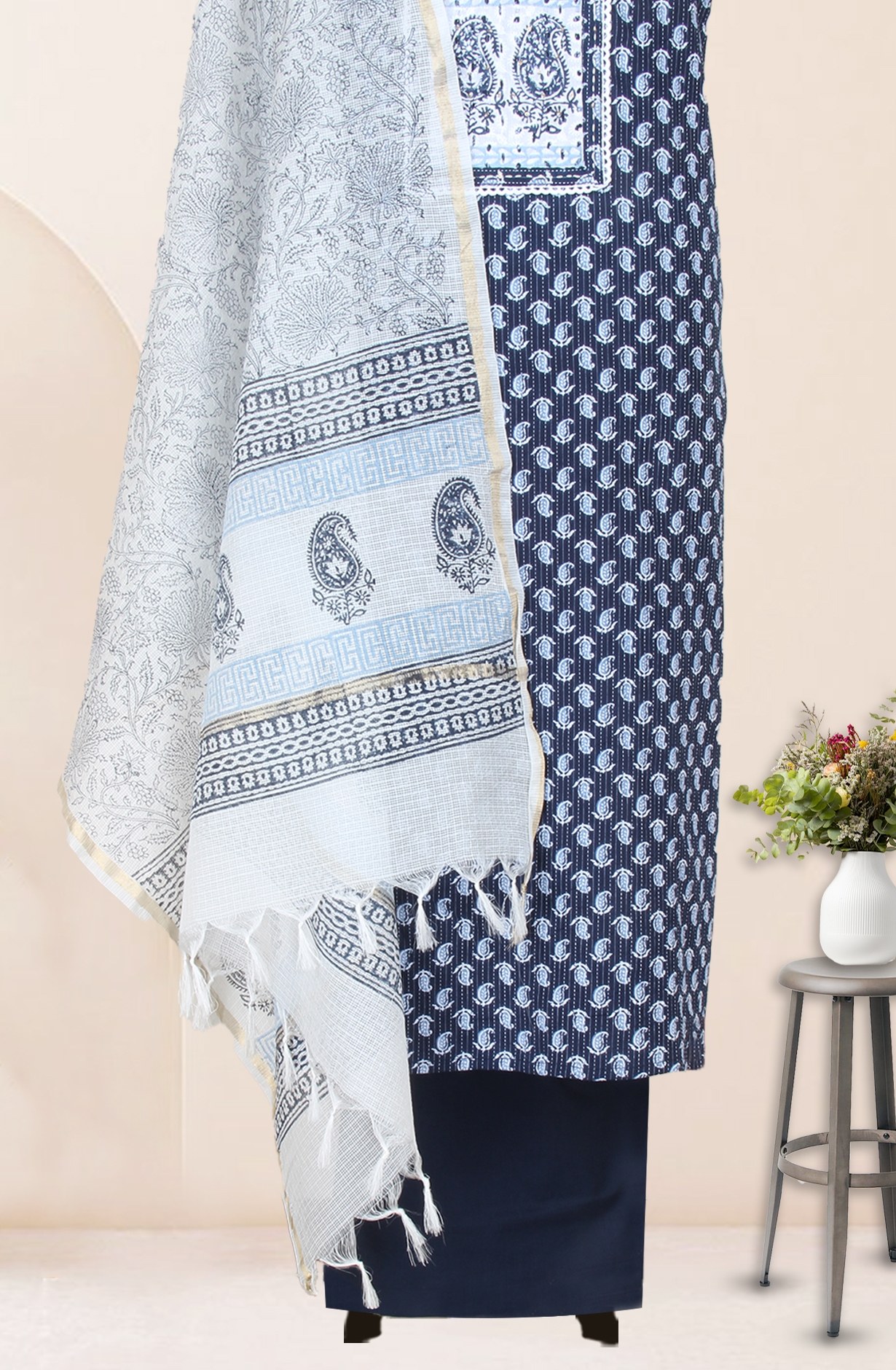 Blue Cotton Block Printed Unstitched Salwar Suit with Kota Dupatta - 944-5706