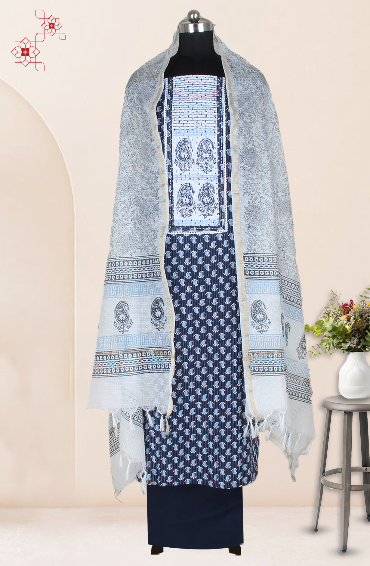 Blue Cotton Block Printed Unstitched Salwar Suit with Kota Dupatta - 944-5706