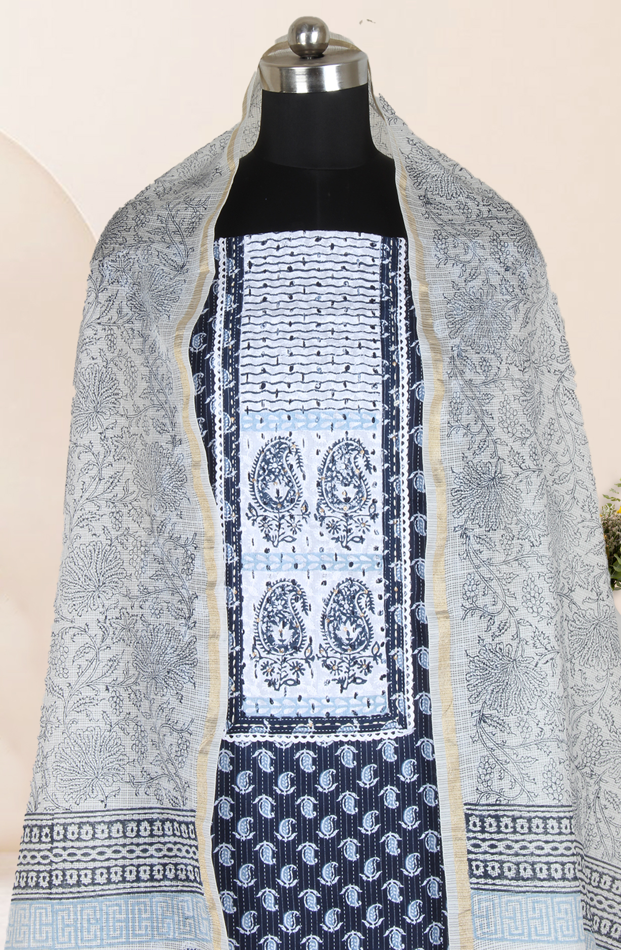 Blue Cotton Block Printed Unstitched Salwar Suit with Kota Dupatta - 944-5706