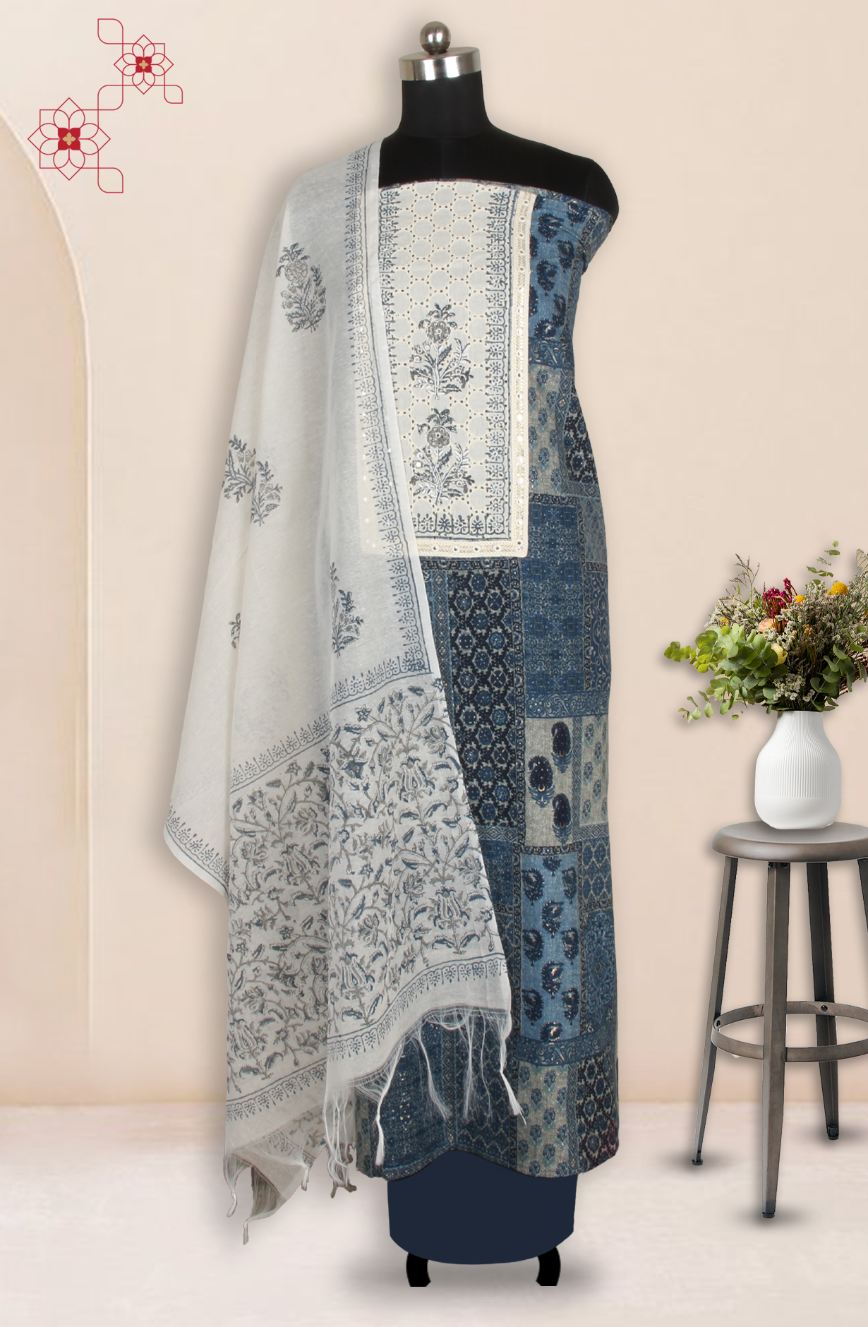 Teal Cotton Unstitched Block Print Salwar Dress Material with Dupatta - 944-5711