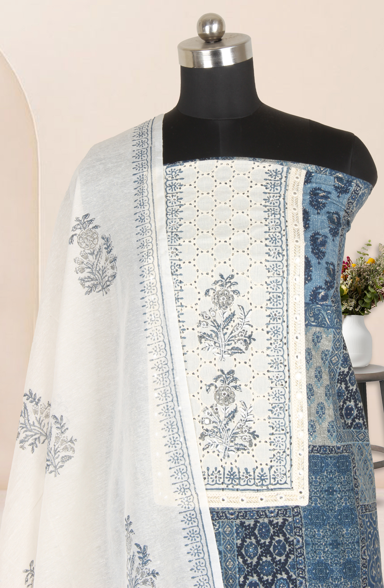 Teal Cotton Unstitched Block Print Salwar Dress Material with Dupatta - 944-5711