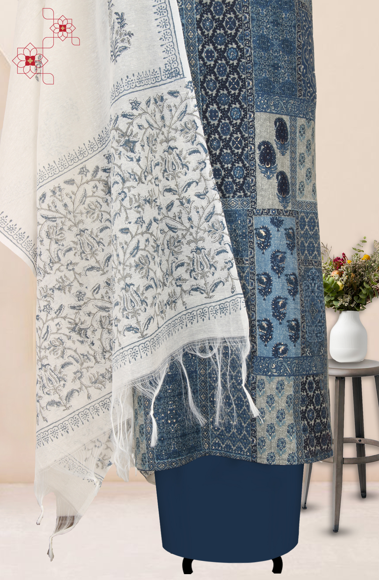 Teal Cotton Unstitched Block Print Salwar Dress Material with Dupatta - 944-5711