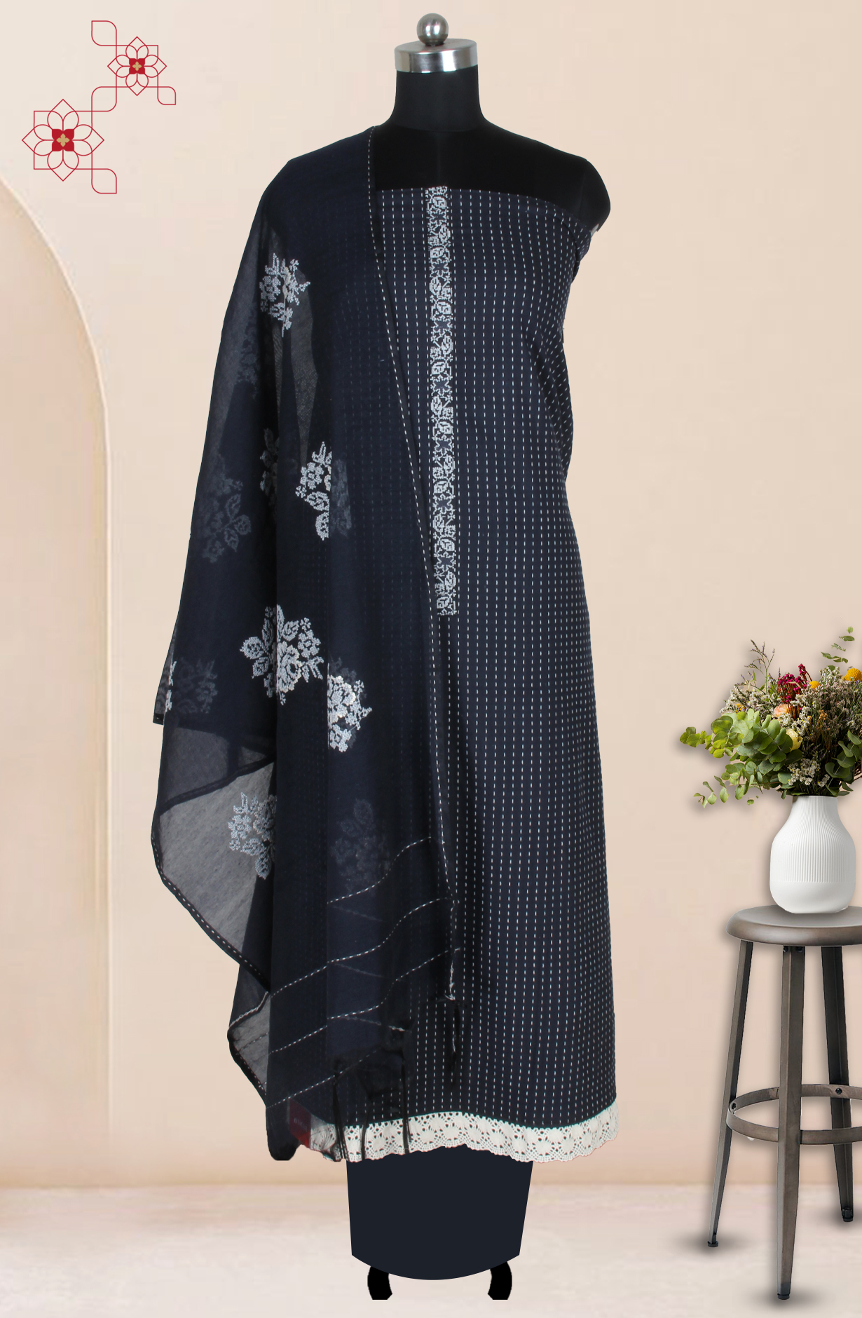 Black Cotton Kantha Work Unstitched Salwar Dress Material - 944-6912A