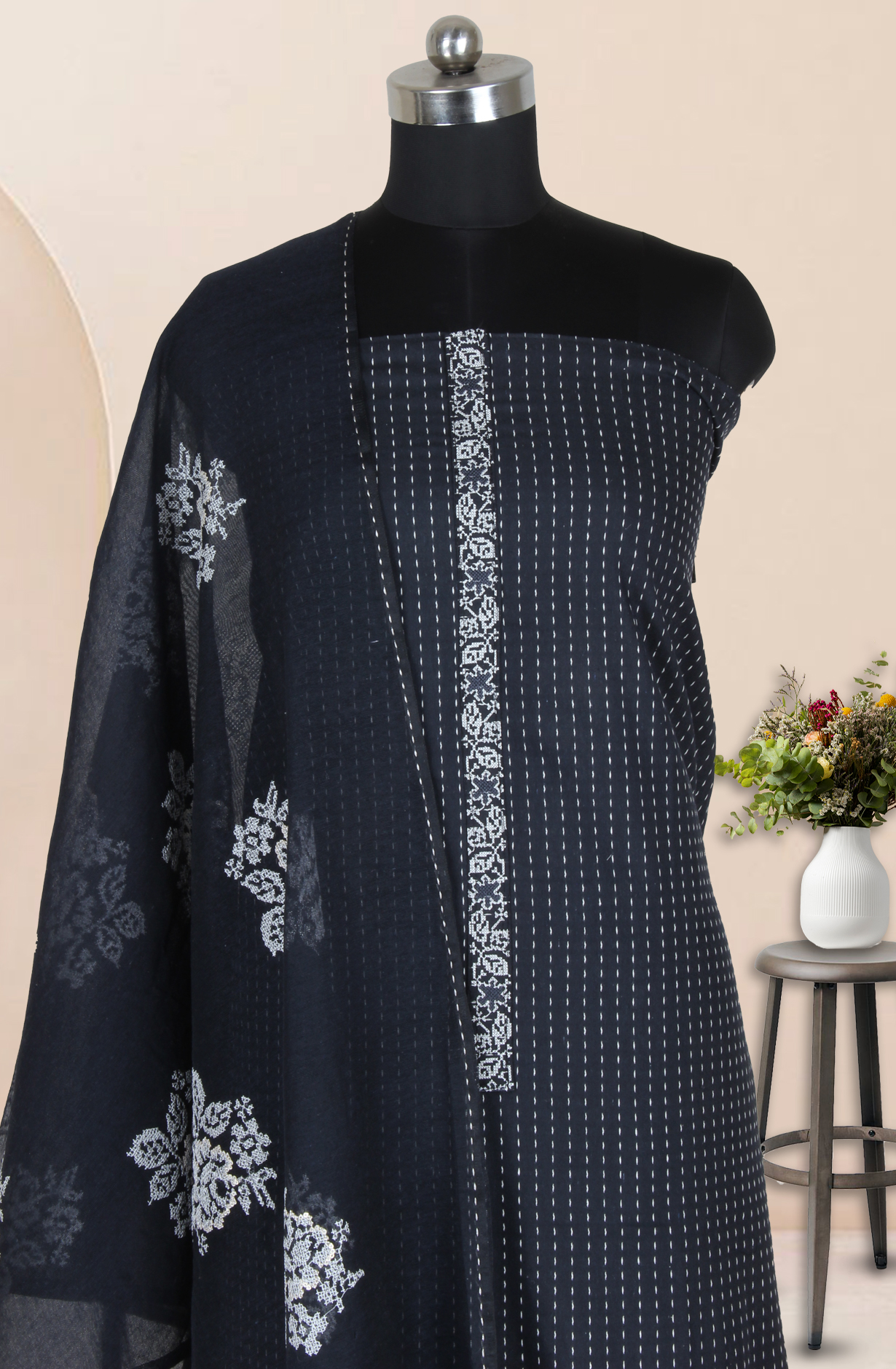 Black Cotton Kantha Work Unstitched Salwar Dress Material - 944-6912A