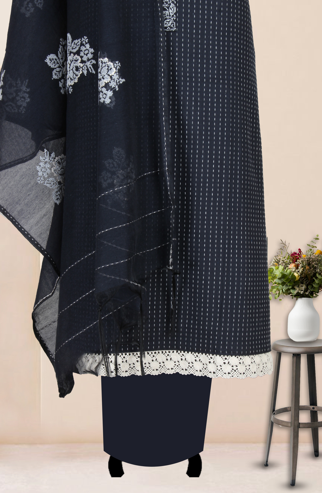 Black Cotton Kantha Work Unstitched Salwar Dress Material - 944-6912A