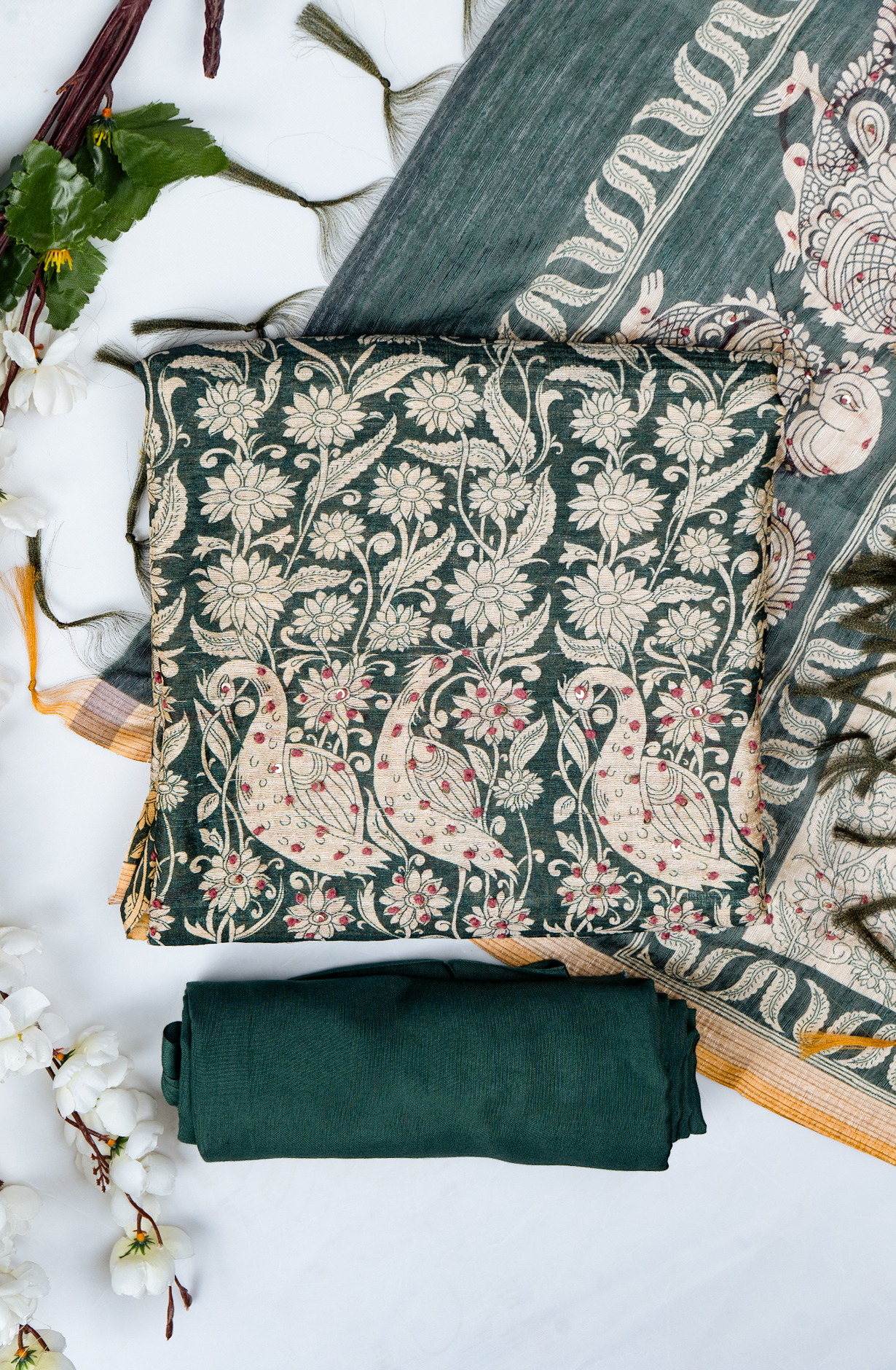 Green Printed Art Tussar Suit with Dupatta - 944-8055