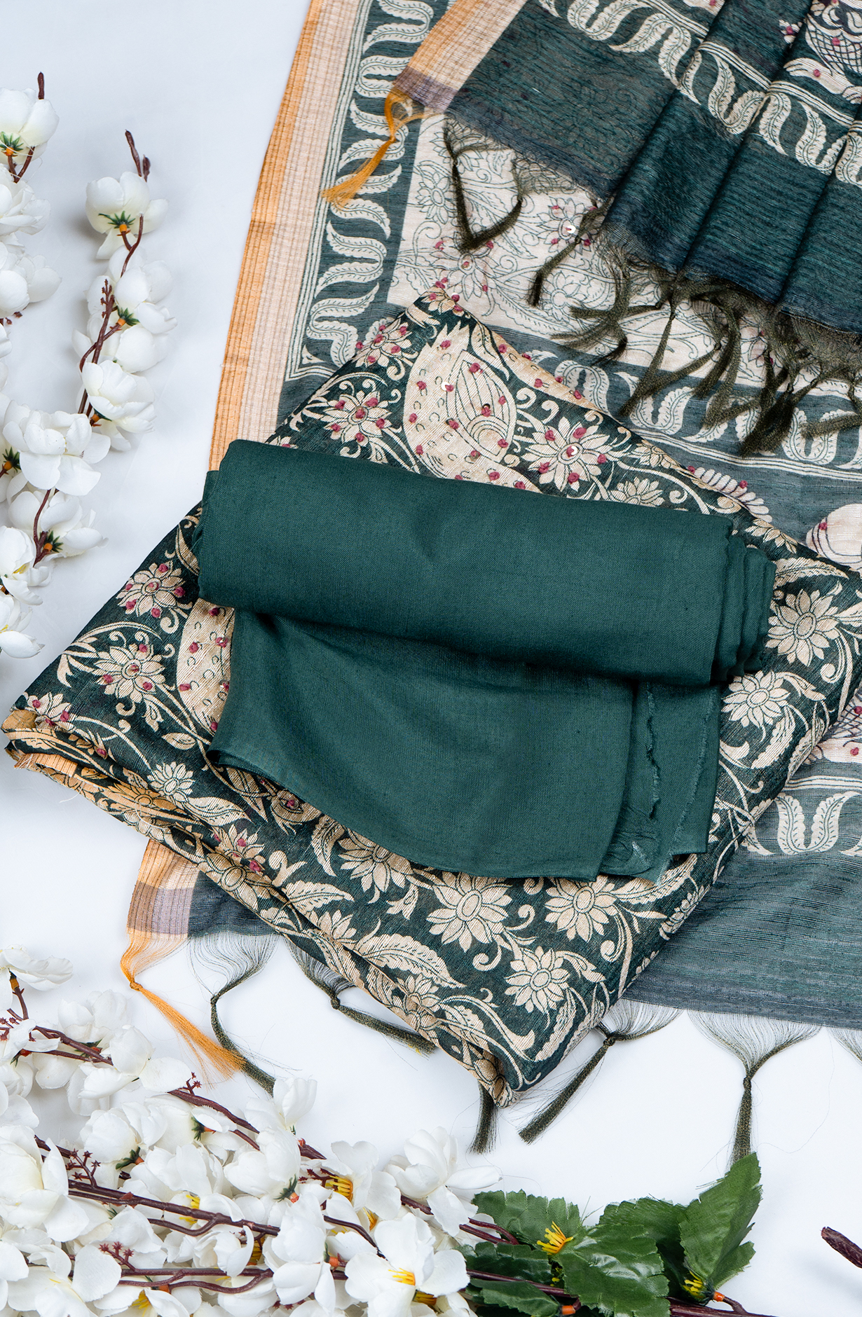 Green Printed Art Tussar Suit with Dupatta - 944-8055