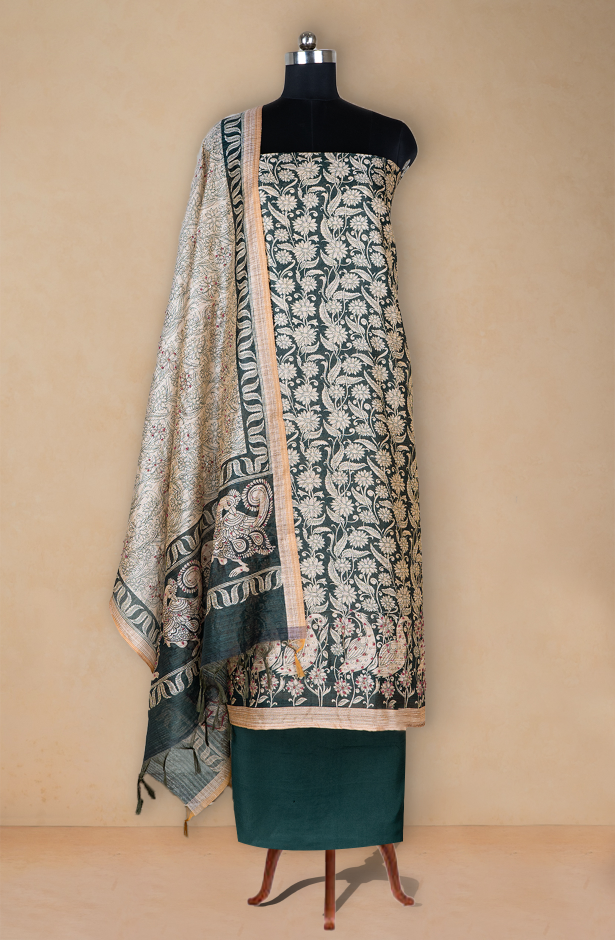 Green Printed Art Tussar Suit with Dupatta - 944-8055