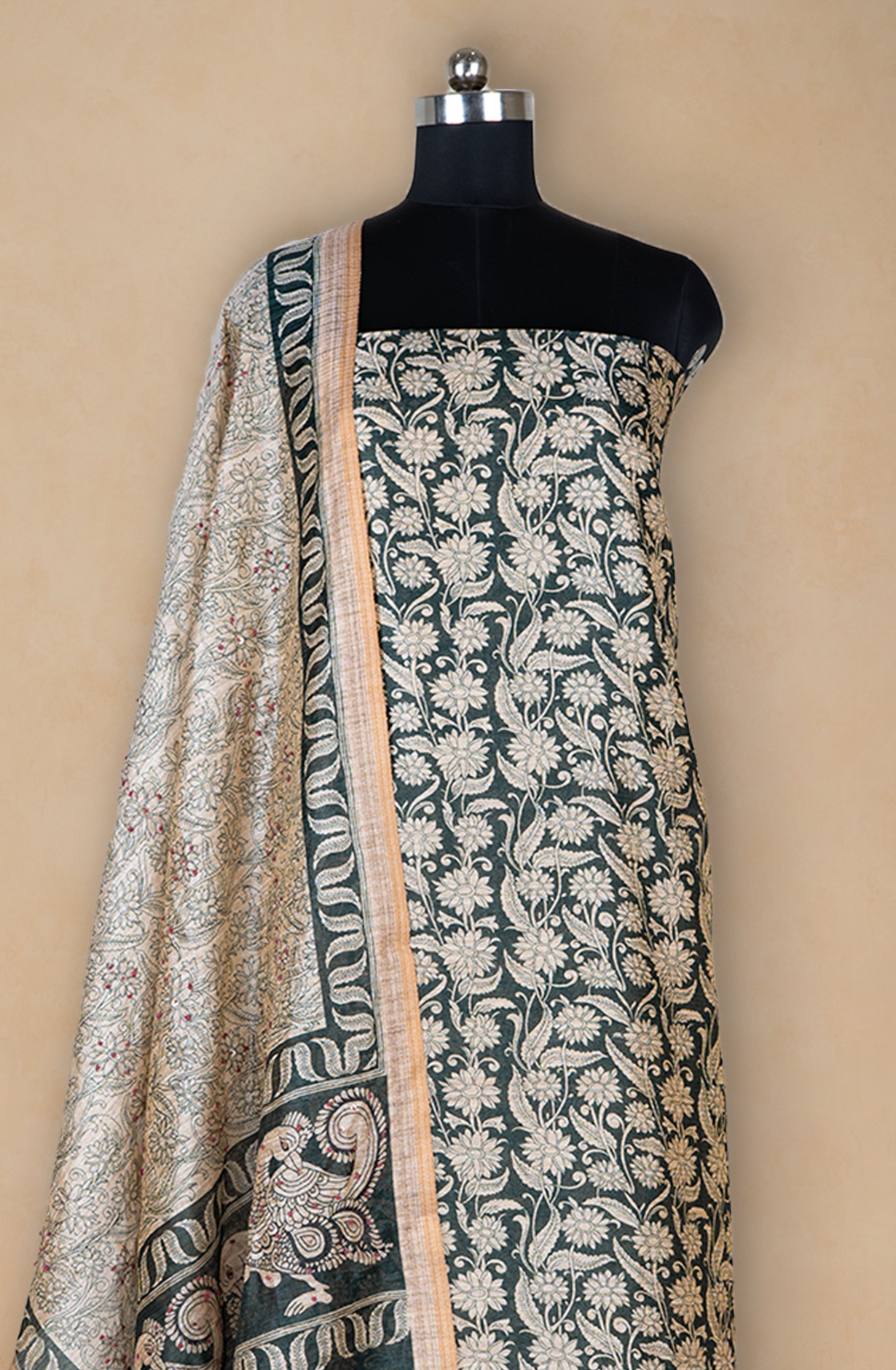 Green Printed Art Tussar Suit with Dupatta - 944-8055