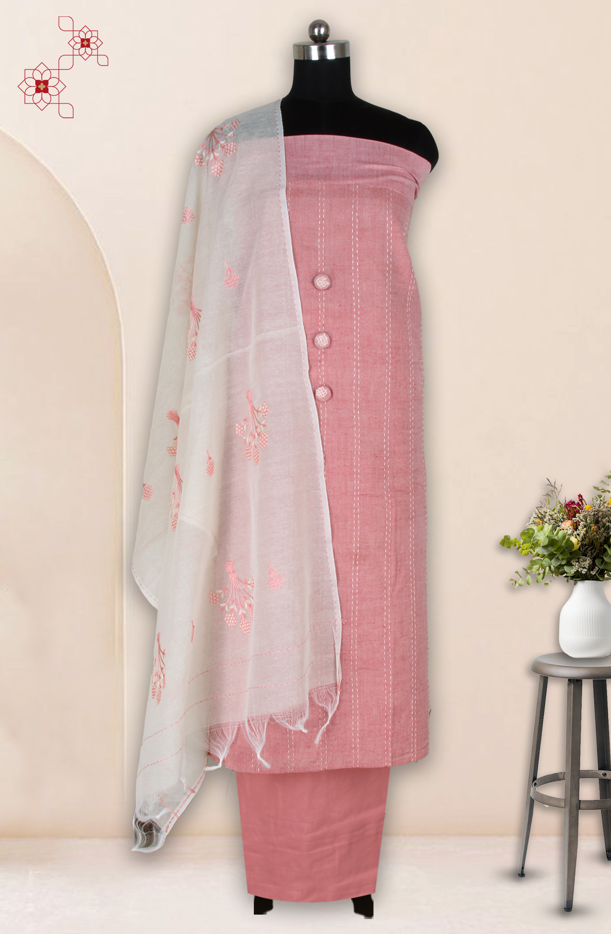 Pink Cotton Kantha Work Unstitched Suit with Trendy Dupatta - 944-9571A