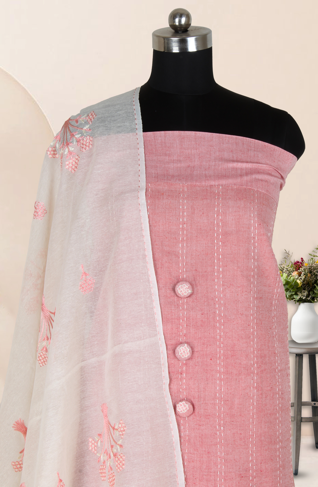 Pink Cotton Kantha Work Unstitched Suit with Trendy Dupatta - 944-9571A