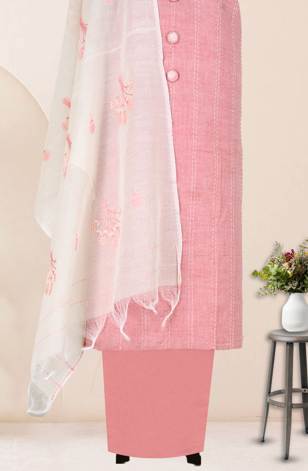 Pink Cotton Kantha Work Unstitched Suit with Trendy Dupatta - 944-9571A