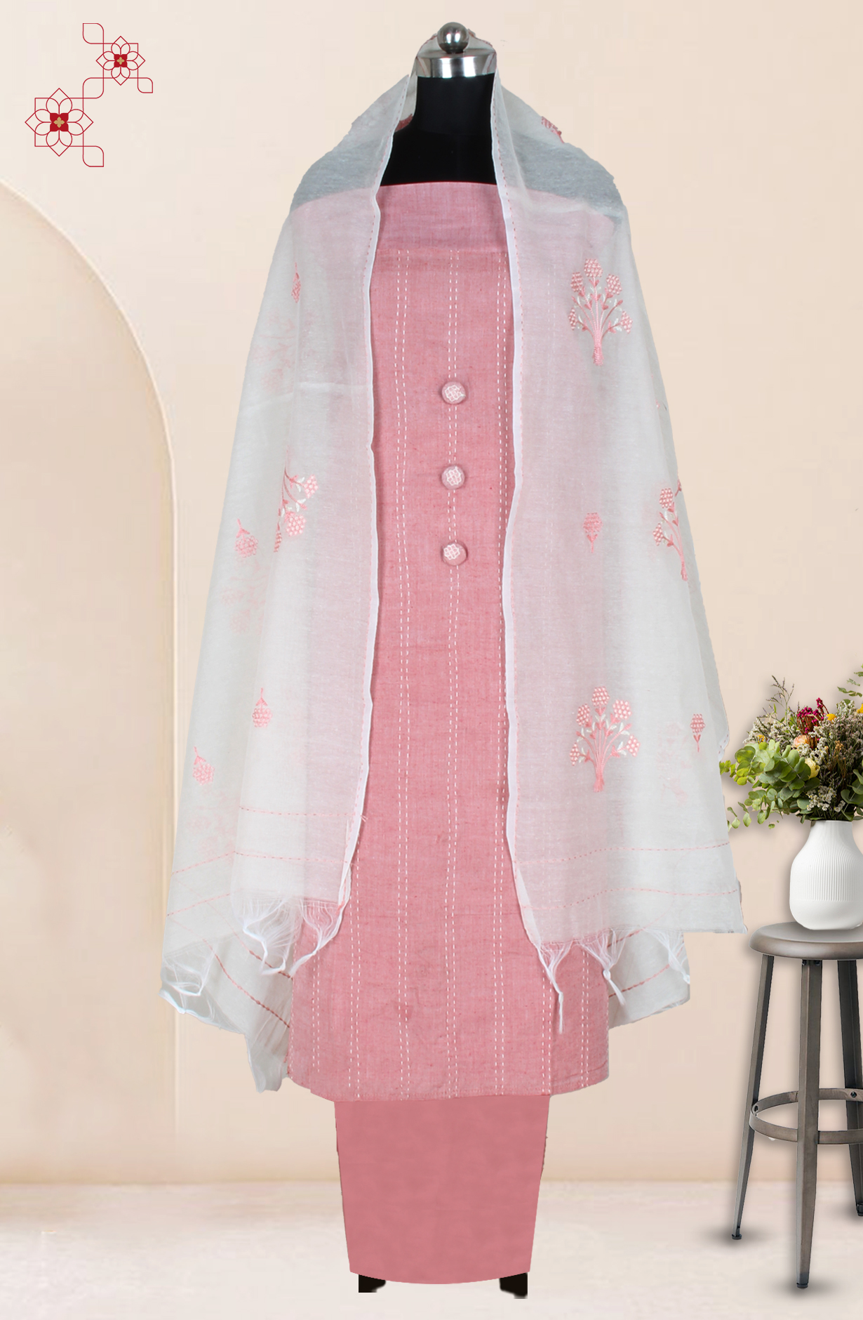 Pink Cotton Kantha Work Unstitched Suit with Trendy Dupatta - 944-9571A