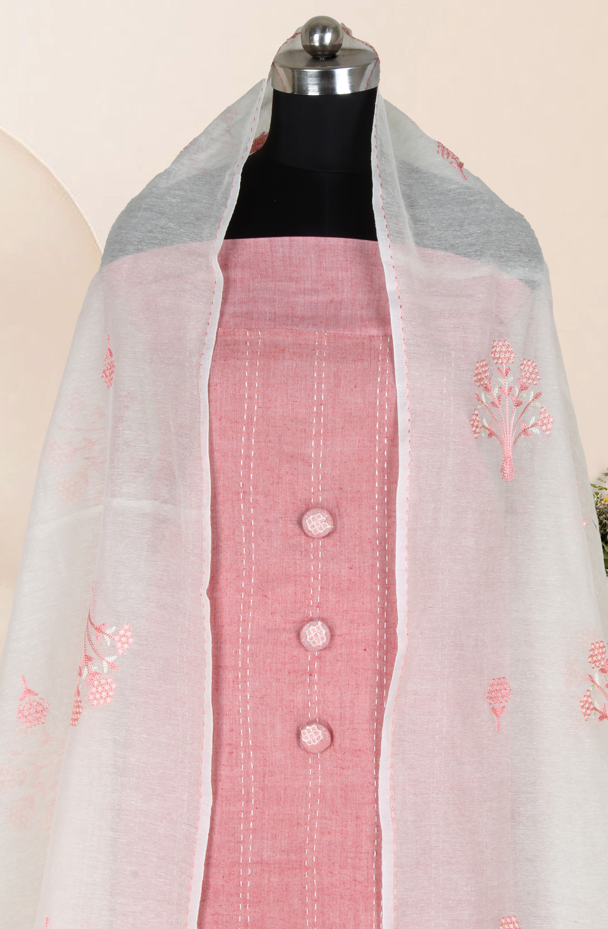 Pink Cotton Kantha Work Unstitched Suit with Trendy Dupatta - 944-9571A