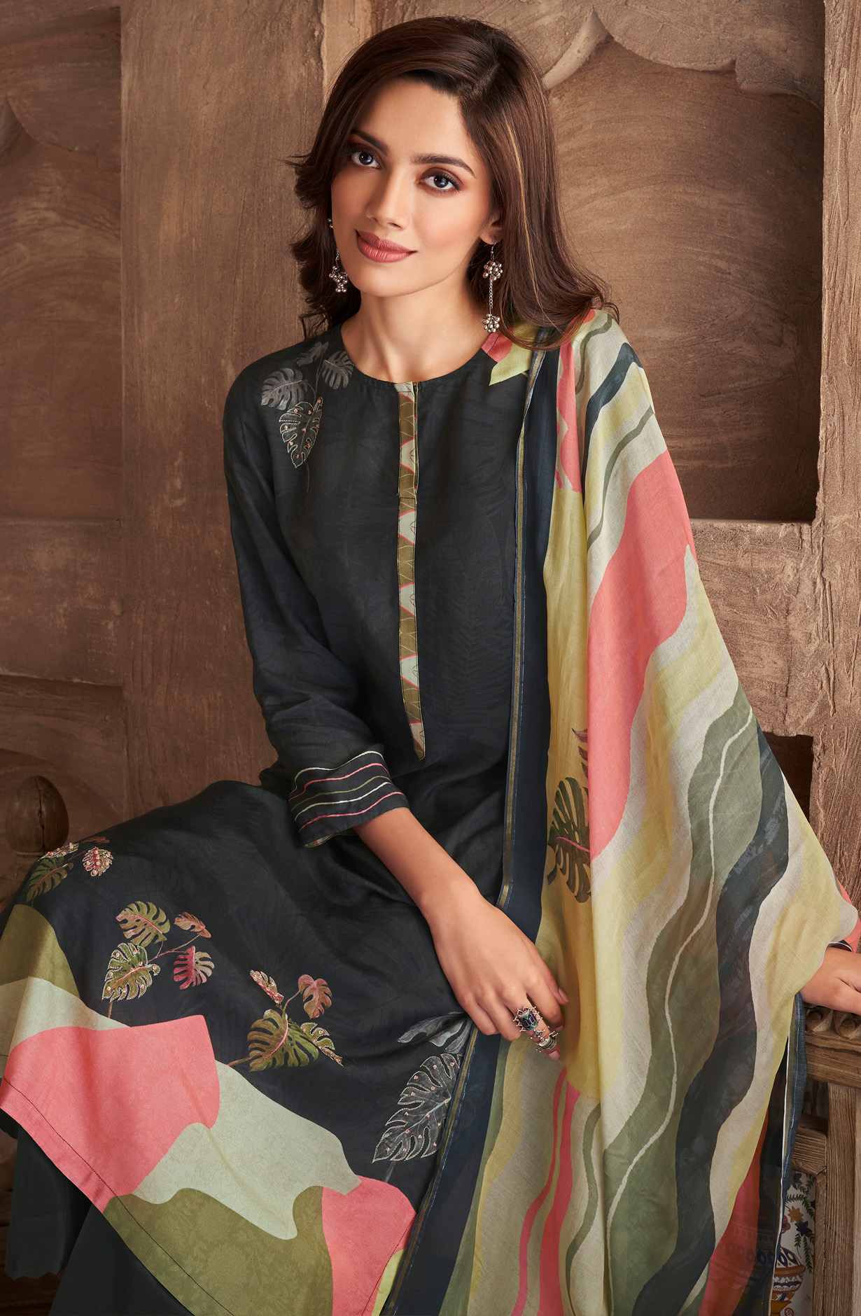 Black Cotton Digital Printed Unstitched Salwar Kameez - ITR535