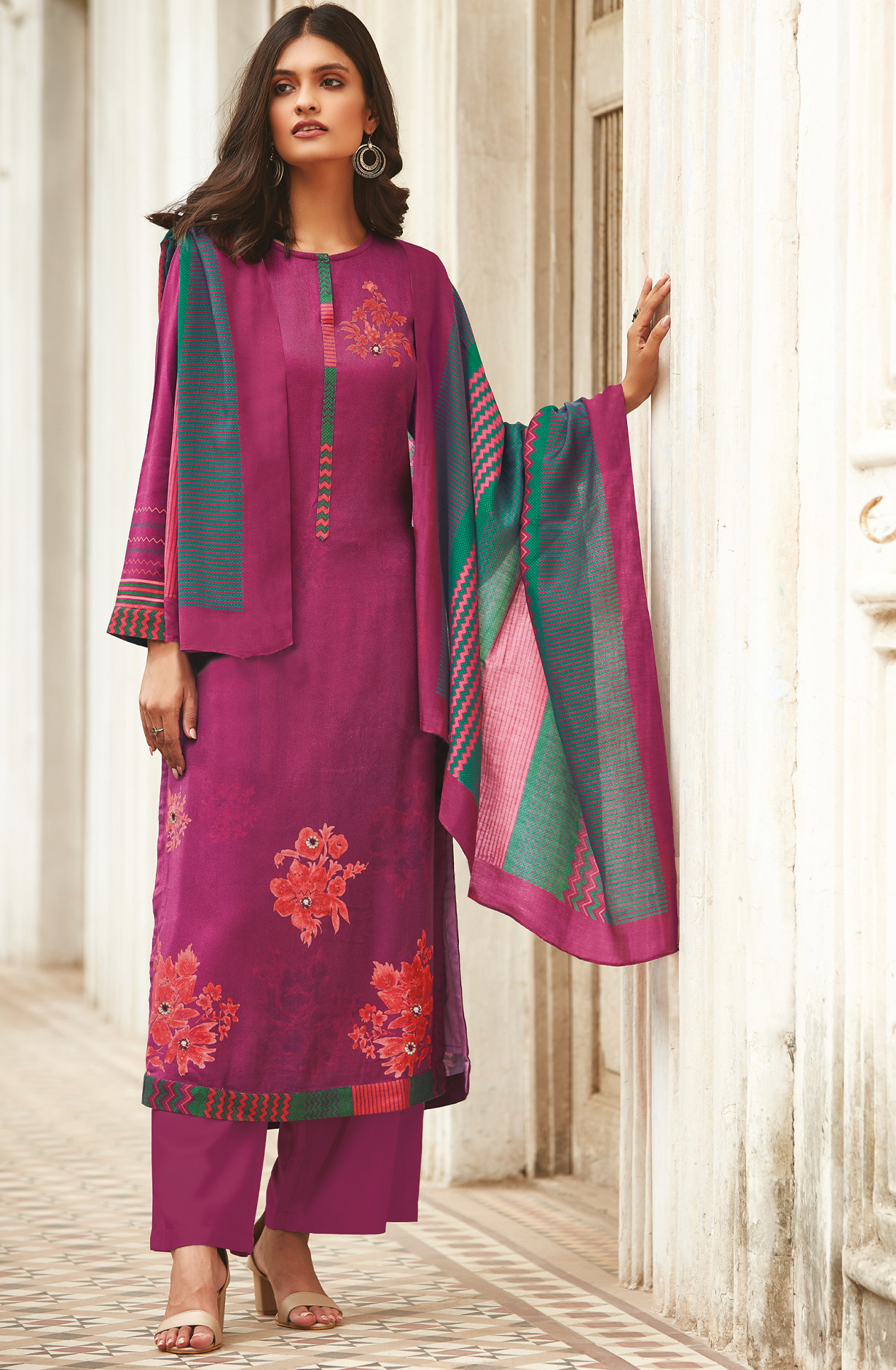 Magenta Cotton Digital Printed Unstitched Salwar Kameez - ARO1371
