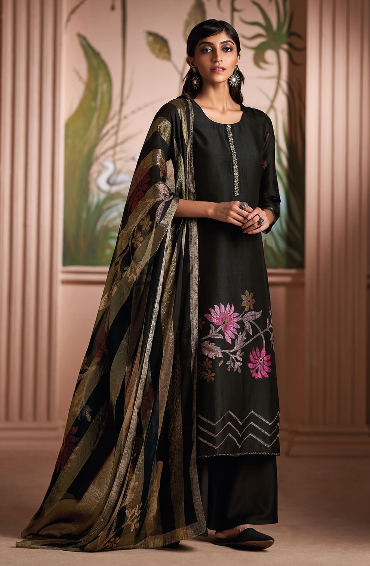 Black Silk Digital Printed Salwar Kameez Suit-set - SHAC1138
