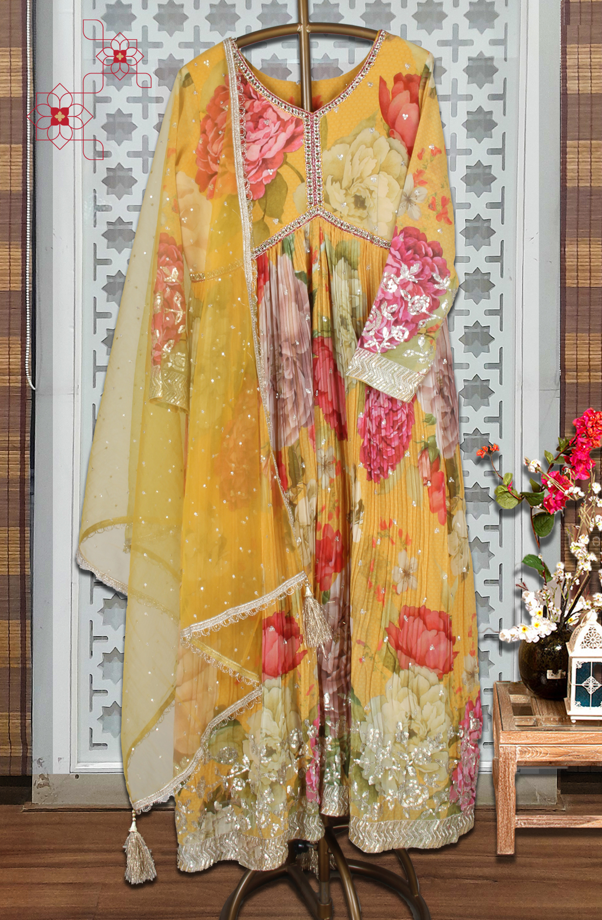 Mustard Yellow Georgette Designer Ready-to-Wear Gown with Net Dupatta - 995-869A