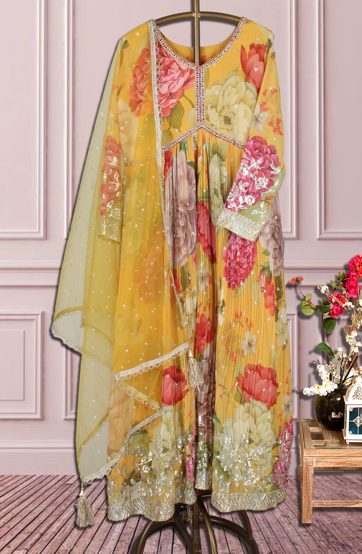 Mustard Yellow Georgette Designer Ready-to-Wear Gown with Net Dupatta - 995-869A