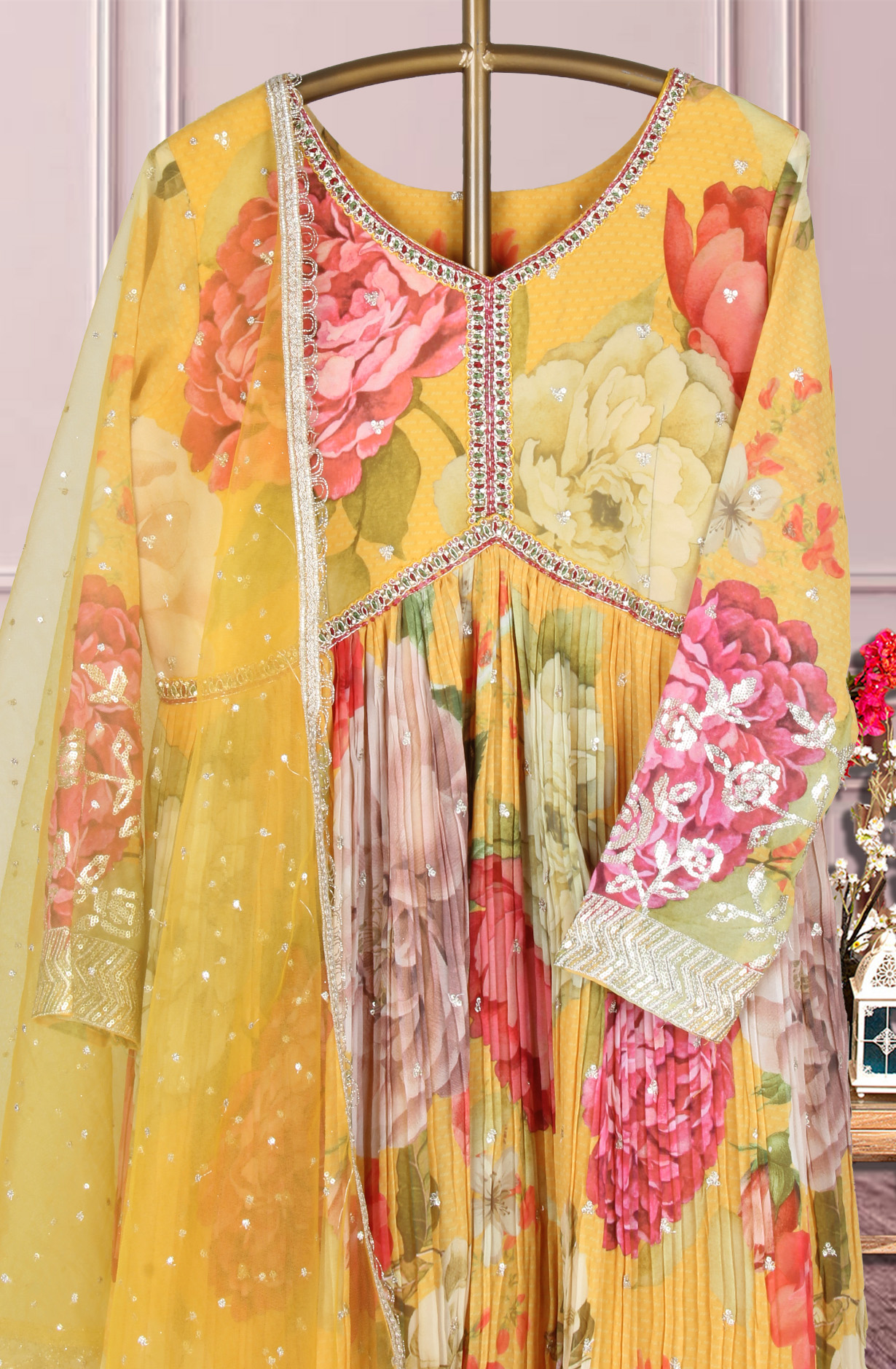 Mustard Yellow Georgette Designer Ready-to-Wear Gown with Net Dupatta - 995-869A