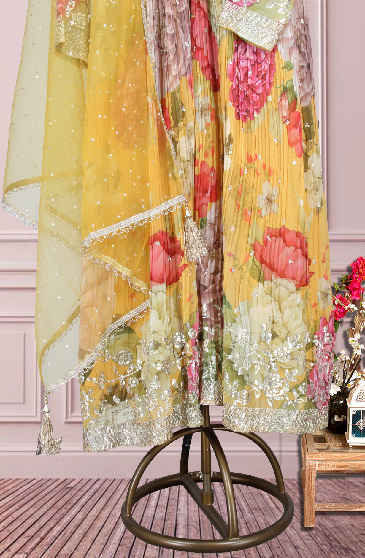 Mustard Yellow Georgette Designer Ready-to-Wear Gown with Net Dupatta - 995-869A