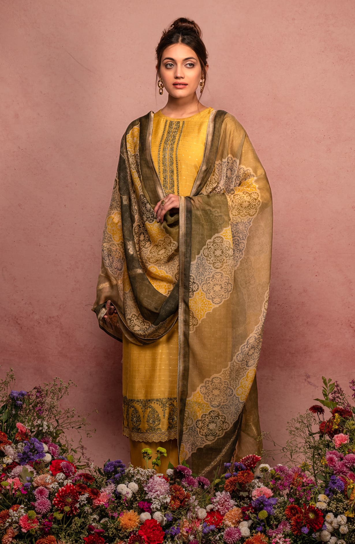 Mustard Muslin Designer Zari Dobby Work with Embroidery Salwar Kameez - ARU1727