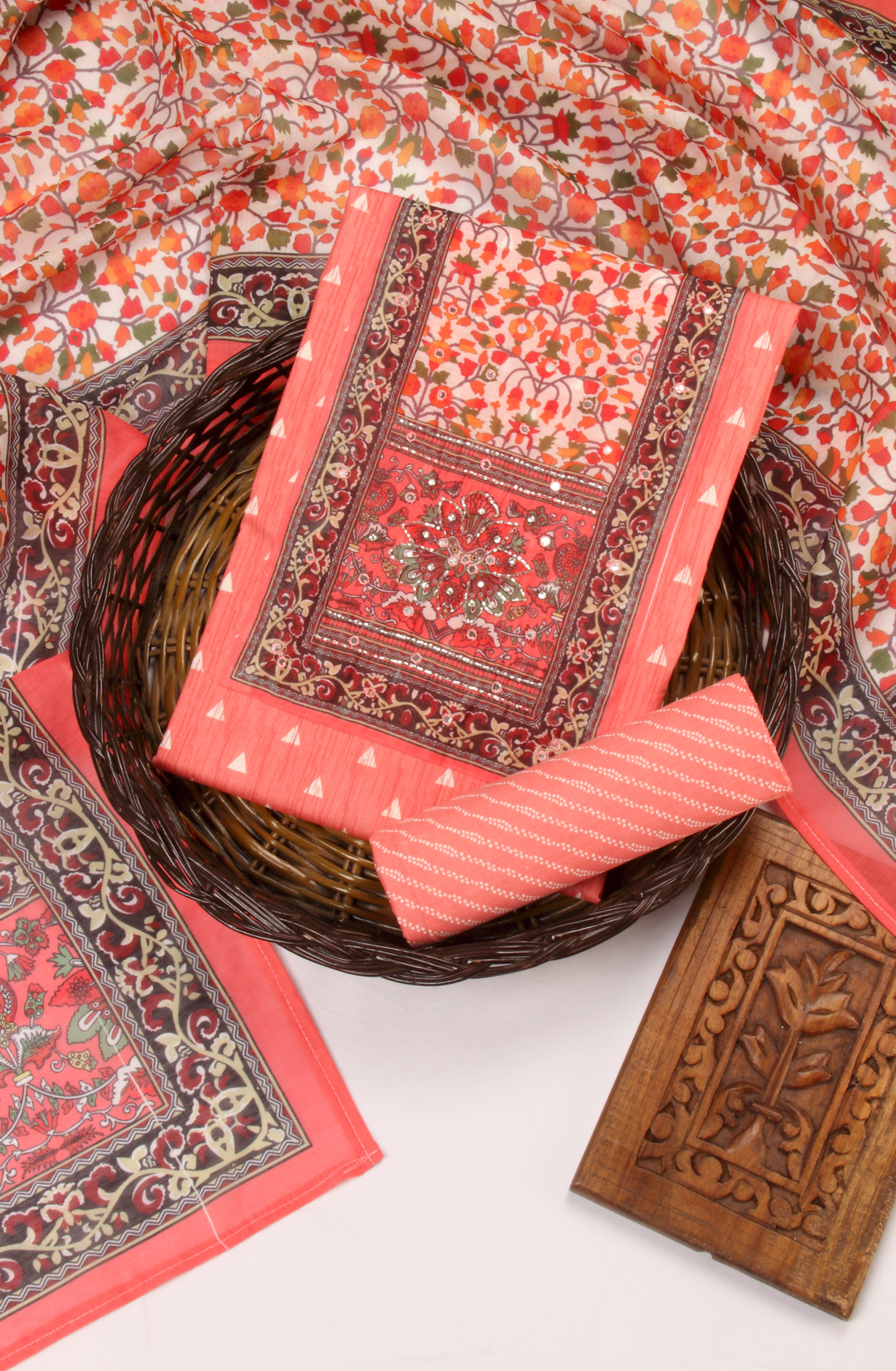 Peach Cotton Unstitched Salwar Suit Dress Material - 959-1043C