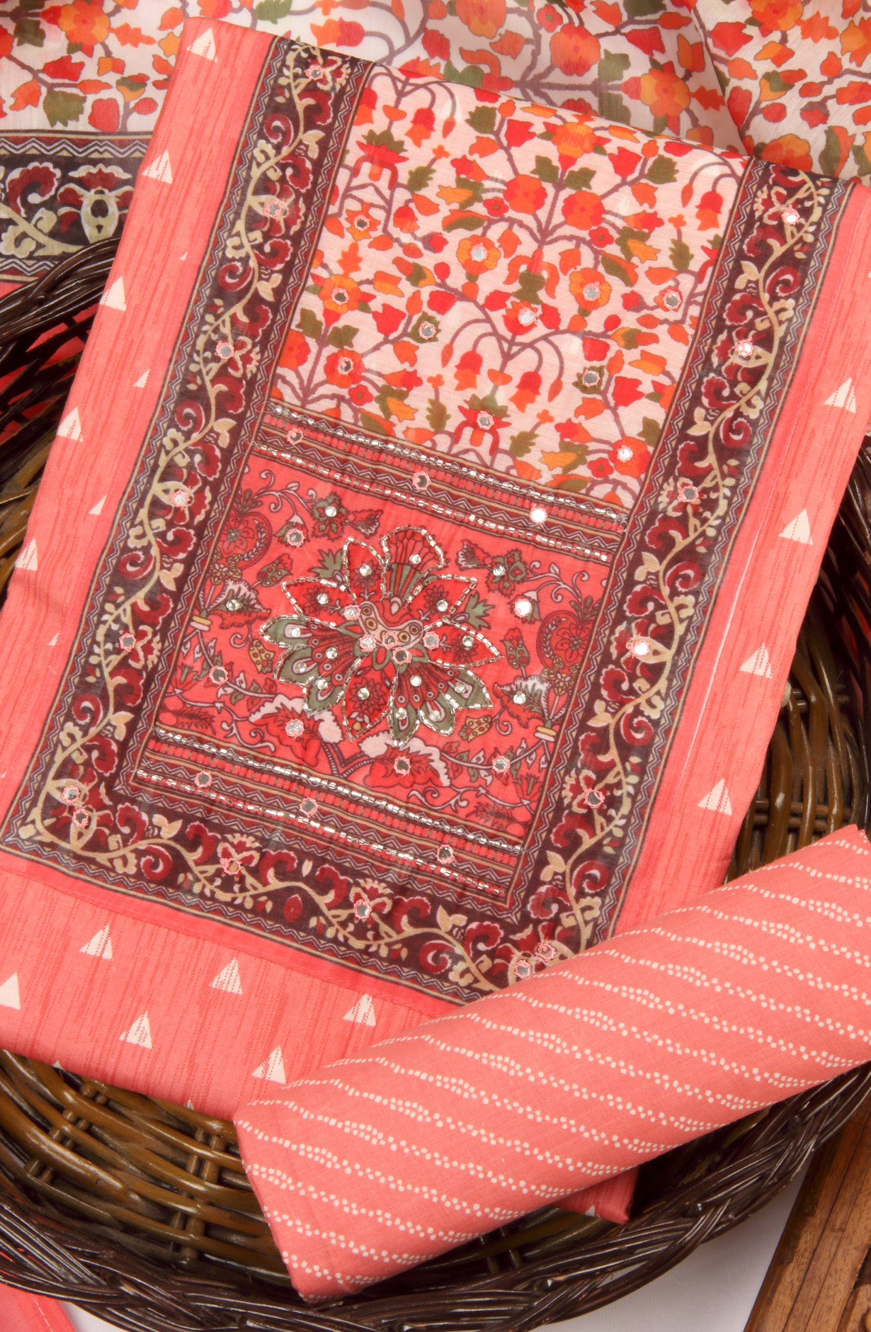 Peach Cotton Unstitched Salwar Suit Dress Material - 959-1043C