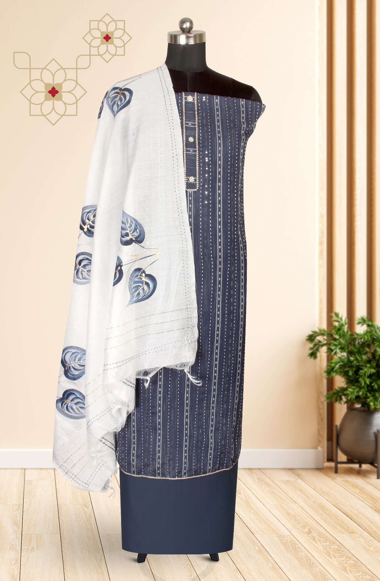 Blue Cotton Unstitched Salwar Suit with Chanderi Dupatta - 959-BLUE-1A