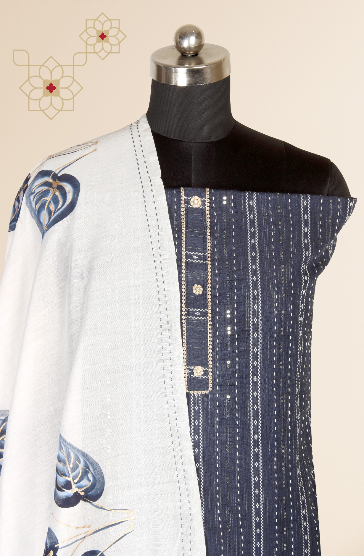 Blue Cotton Unstitched Salwar Suit with Chanderi Dupatta - 959-BLUE-1A