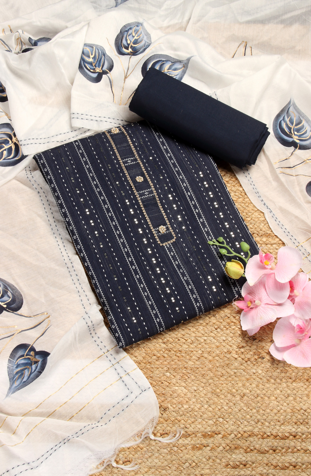 Blue Cotton Unstitched Salwar Suit with Chanderi Dupatta - 959-BLUE-1A